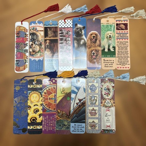 ANTIOCH 15 Bookmarks Set Dog Cat Yacht Sun Teapot Tassels New Collectible