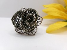 Vintage Sterling Silver Marcasite Ring 12 Grams Filigree Rose Flower Size 6.5