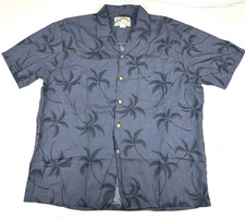 Vtg Paradise Found Hawaiian Shirt Mens Sz Large Palm Tree Print Button Up Blue