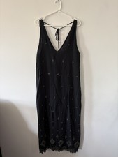 Zara NEW Dress Black Beaded Midi Embroidered Tie Frayed Hem Summer Size S Small