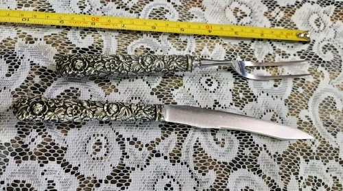 ANTIQUE KIRK STERLING SILVER REPOUSSE HANDLED CARVING KNIFE & FORK SET