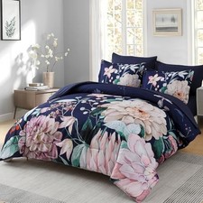 Navy Blue Comforter Set Size - 7 Pieces Floral Bedding Sets, Soft Queen Blue 2