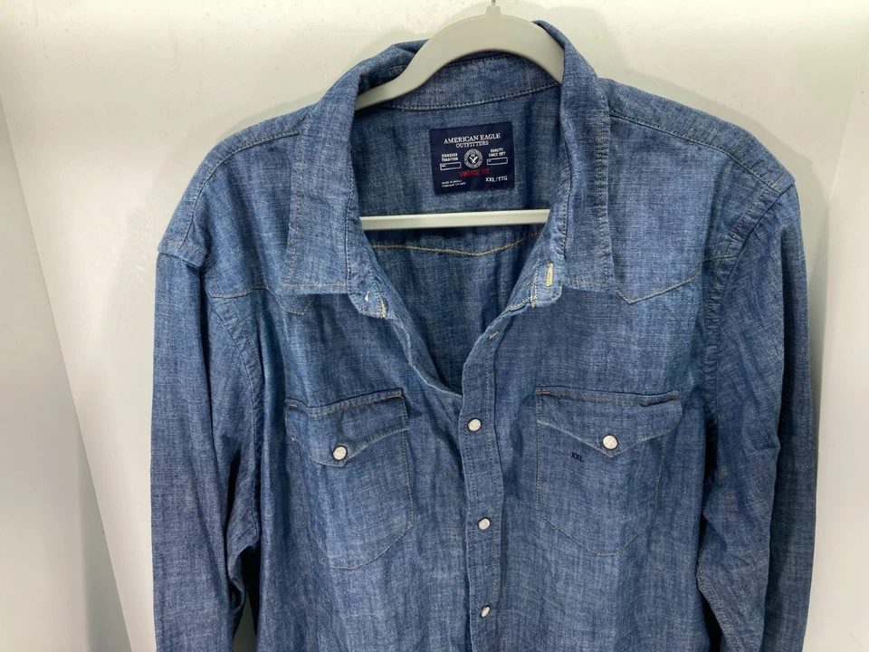 Camisa Western American Eagle Outfitters Para Hombre XXL Azul Denim Perla A Presión De Colección Foto 2 de 4