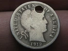 1912 S Silver Barber Dime- San Francisco, About Good Details, Holed for Necklace
