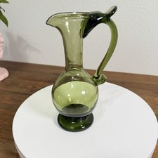 Vintage Mid-Century Modern Handblown Light Olive Green Art Glass Pitcher Vase
