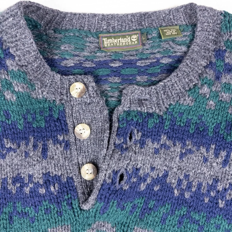 Suéter Timberland Lana Henley De Colección Fair Isle Tejido Verde Azul Gris Talla L XL Foto 4 de 4