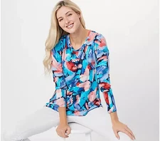 LOGO by Lori Goldstein Printed Rayon 230 Long Sleeve Top-Blue-Medium-A452152