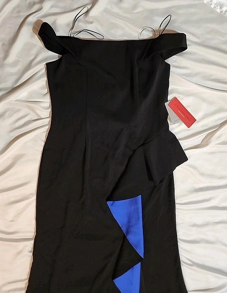 Vestido Carmen Marc Valvo Infusión 16 Negro con Volantes Laterales Azules Impresionante Forrado NUEVO Foto 3 de 4