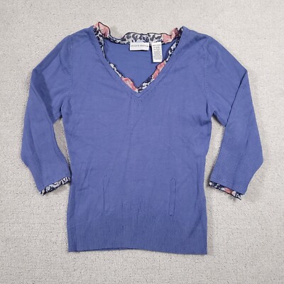 Jaclyn Smith Classic Sweater Women's Small Blue V Neck Nylon Floral Ruffle 