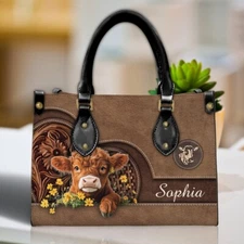 Personalize Vintage Cow Leather Handbag, Highland Cow  Women Leather Bag