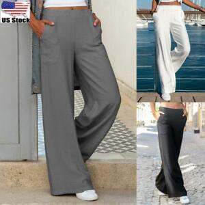 Women Ladies Palazzo Pants leggings Plain Flared Wide Baggy Trousers US Leg Long