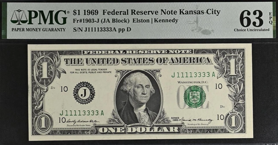 1969 $1 Federal Reserve Note - PMG 63EPQ - Double Quad Serial Number 11113333 - Image 2 of 3
