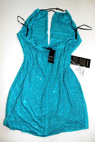 NUEVO CON ETIQUETAS bebé azul turquesa tachuelas cristal halter cuello en V profundo vegas top vestido L grande - Imagen 5 de 5
