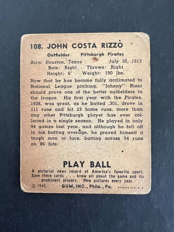 1940 Play Ball - Johnny Rizzo #108, creased, stained - Image 2 of 2