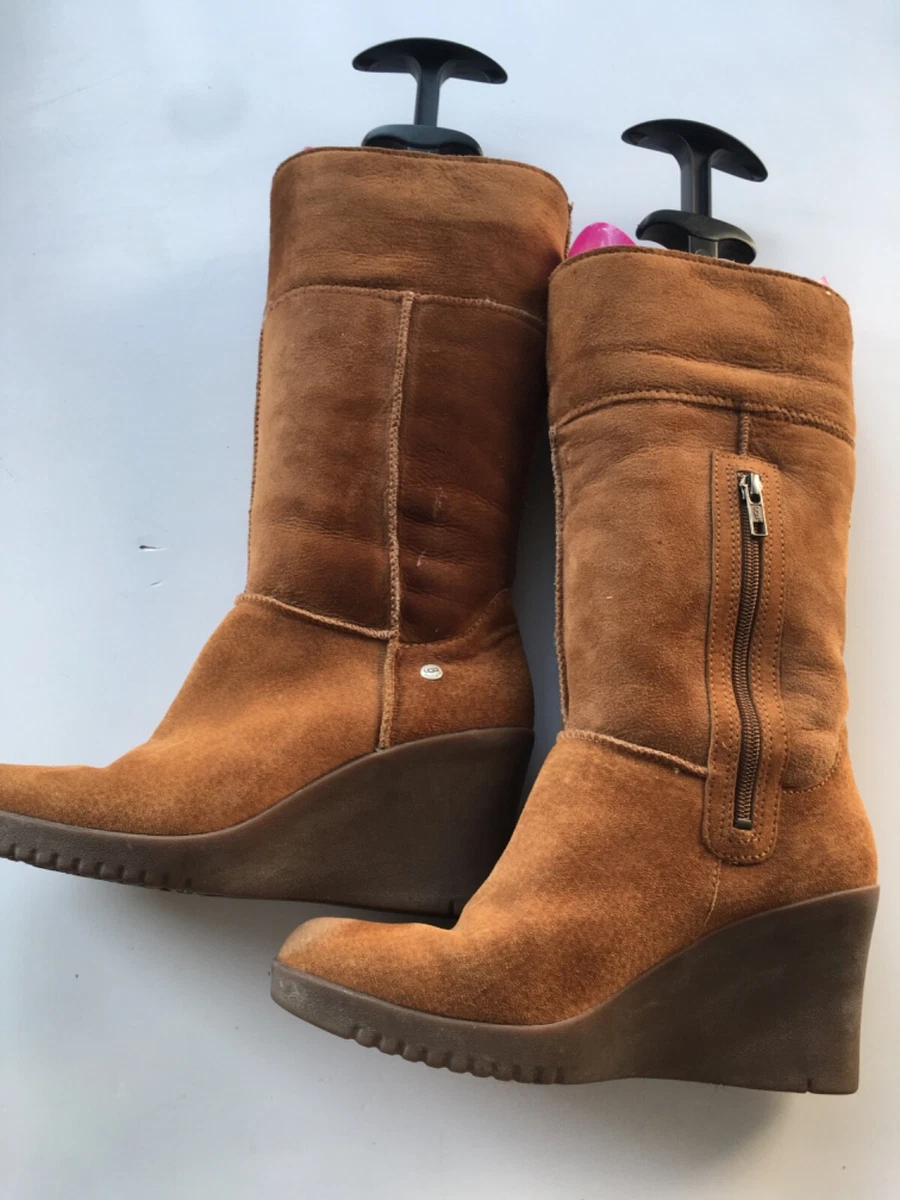 UGG HEELS BOOTS WEDGES Gum sole SUEDE Genuine Chestnut fur lined