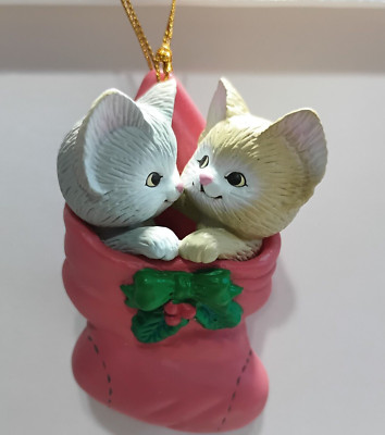 Vintage 1991 Enesco Christmas Ornament Meow Mates Cats Kitties in Stocking