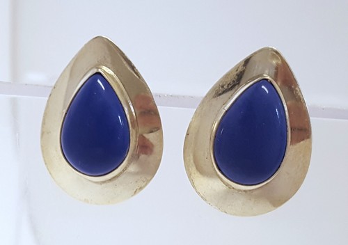 Vtg SW Sterling Silver Tear Drop Blue Stone Earrings Posts Handmade Signed 1" L - Picture 9 of 17