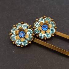 Michal Negrin Hairpin Pair Blue Light Shades With Swarovski Crystals Flower Gift