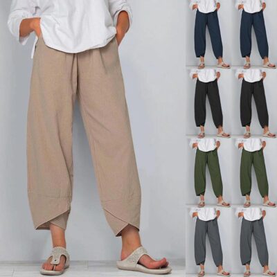 Womens Cotton Linen Harem Pants Wide Leg Casual Palazzo Hareem Leggings Trousers