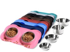 Pet Dog Bowls; 2 Stainless Steel Dog Bowl w/No Spill Non-Skid Silicone Large Mat