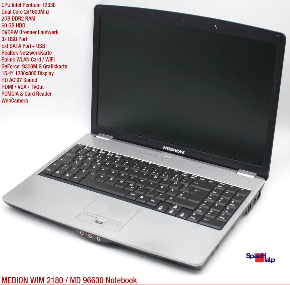 MEDION MD 96630 WIM 2180 Notebook Laptop Windows 7 XP 2GB 60GB GEFORCE 9300M G - Immagine 2 di 4