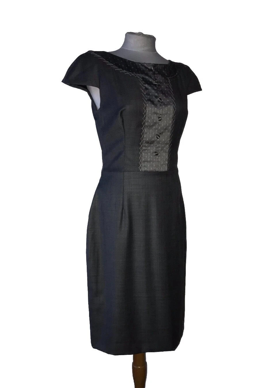 Robe Christian Dior femme 14 laine bordure soie grise manches bonnet col bateau luxe