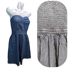 Juicy Couture Strapless Smocked Mini Dress Womens Size 8 Blue Scalloped Hem