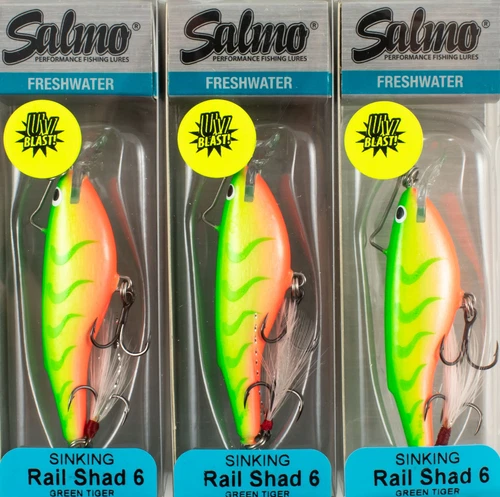 (LOT OF 3) SALMO RAIL SHAD 6 SINKING 1/2OZ QRB030 GREEN TIGER UV B7376