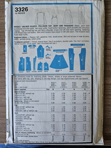 1980's Vintage Sewing Pattern 3326. Blazer, Top, Skirt & Trousers. Size 12 - Picture 2 of 2