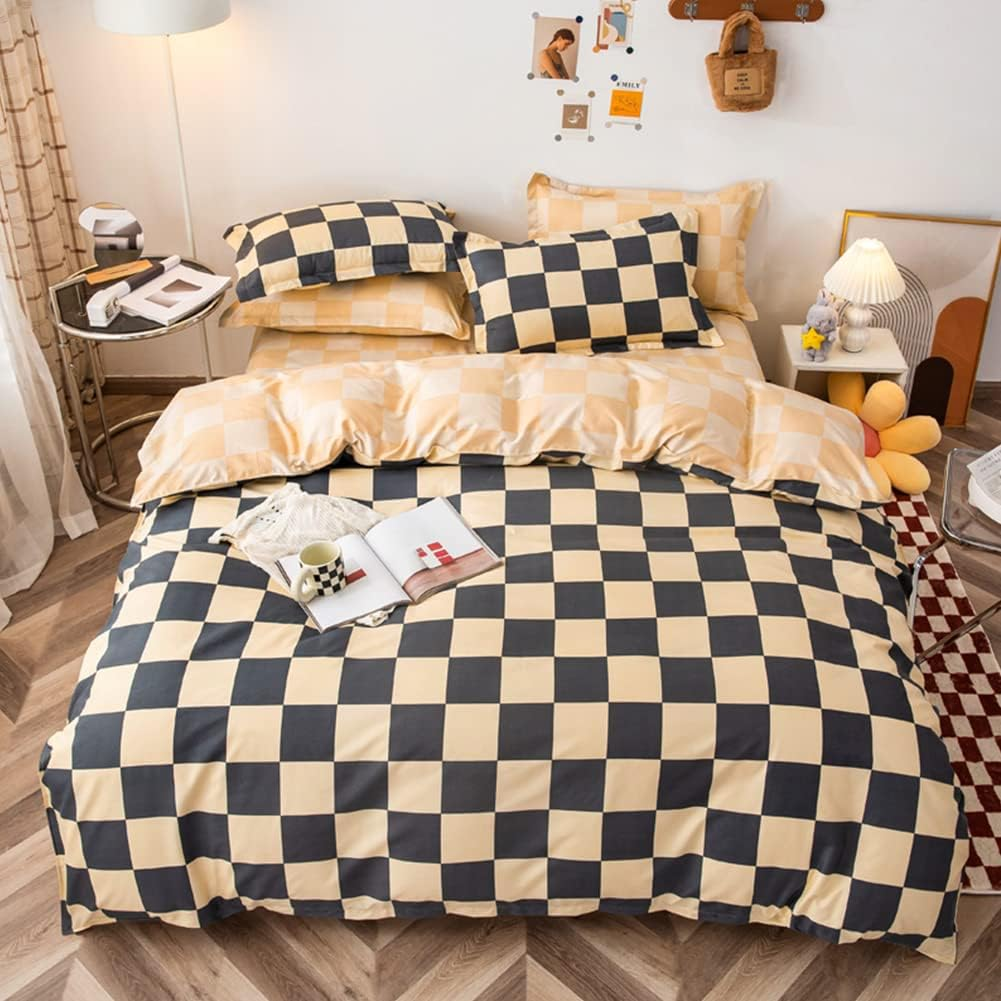 Duvet Cover Set Queen Size Beige/Gray Checkered Bedding Set Comforter Cover (1 D-image