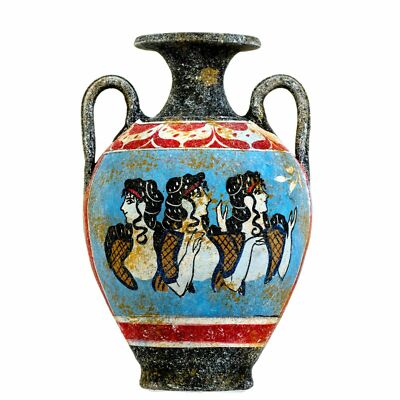 Ancient Greek Minoan Amphora Ceramic Pottery Vase Fresco Mural Ladies in Blue L