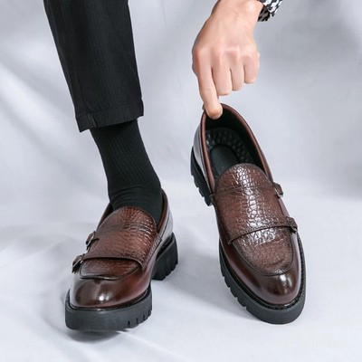 Men's Double-button Leather Shoes Trendy Thick-soled Business Formal Shoes 