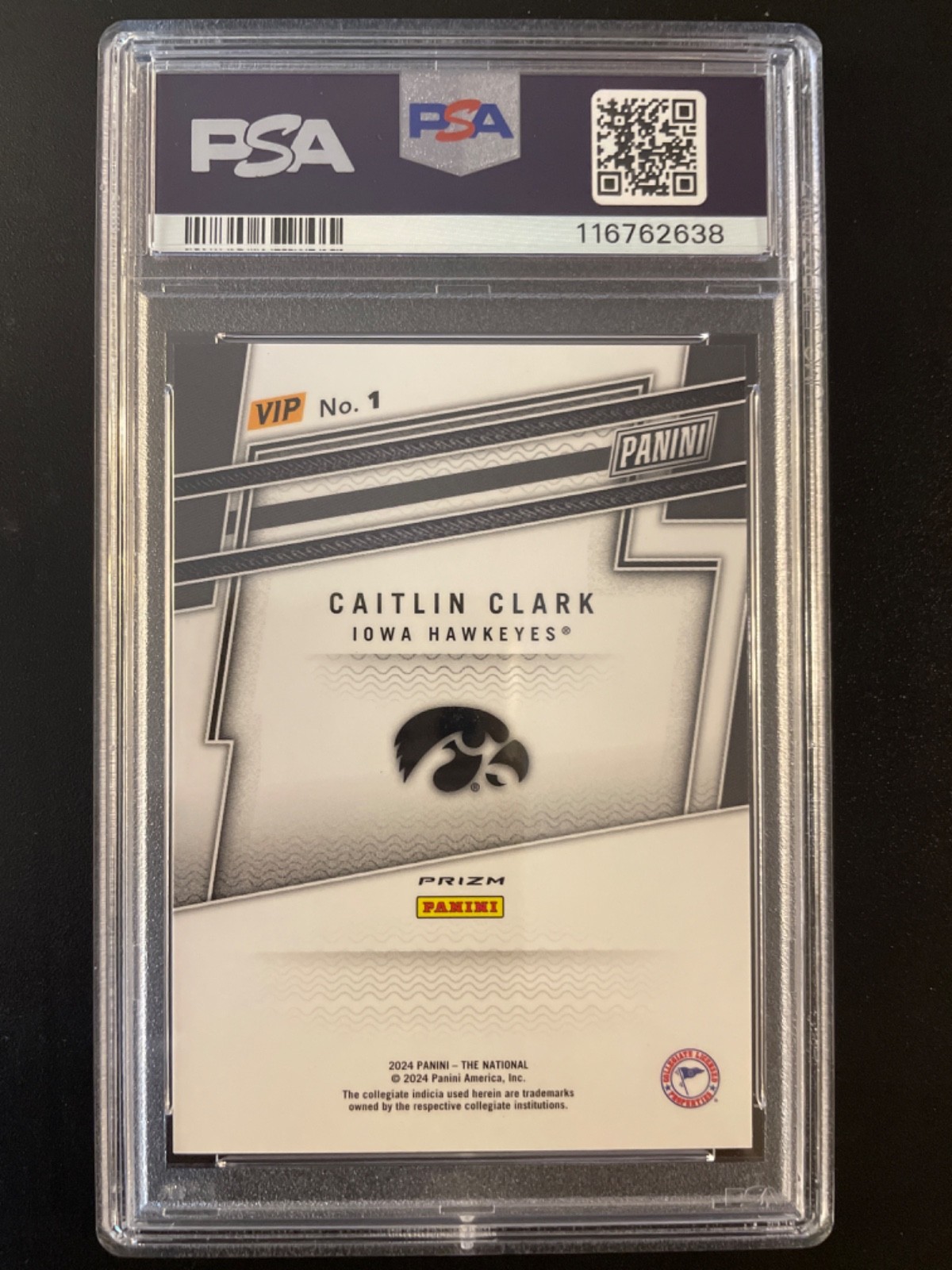 2024 Panini NSCC VIP Gold #1 Caitlin Clark Rookie Pulsar Prizm PSA 9 view 2