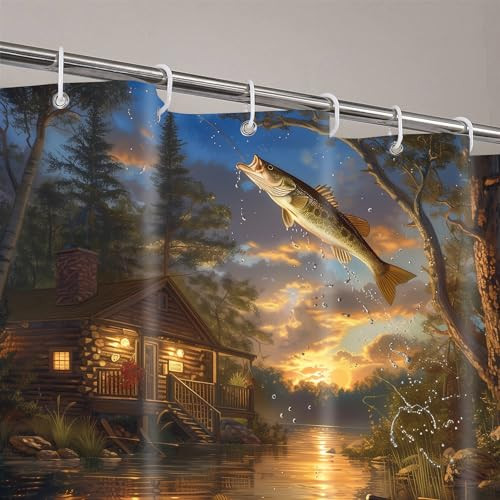 Cortina de ducha de cabina de granja cortina de ducha de pesca decoración peces lago citas - Imagen 2 de 6