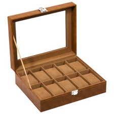 10 Slots Watch Box PU Leather Glass Lid Watch Case Jewelry Storage Display Case