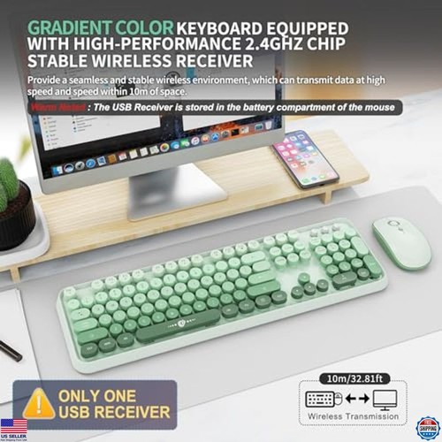 Wireless Keyboard & Mouse Combo - 104 Round Keys Retro Typewriter - Green - Picture 2 of 6