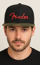 NWT Fender Black Hat Red Logo Camouflage Brim Flatbill SnapBack Hat, One Size