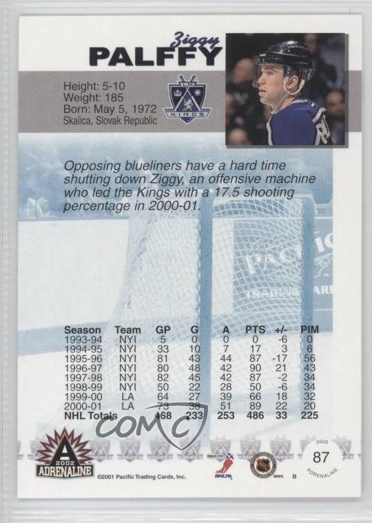 2001-02 Pacific Adrenaline Premiere Date Missing Serial Number Ziggy Palffy #87 - Image 2 of 2