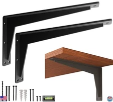 Sturdy 2-Pack 16" Heavy-Duty Black Metal Shelf Brackets - Decorative L Brackets