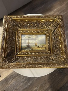 Oil painting depicting coastal scene w/sail boats in ornate gilt frame 15” x 13”