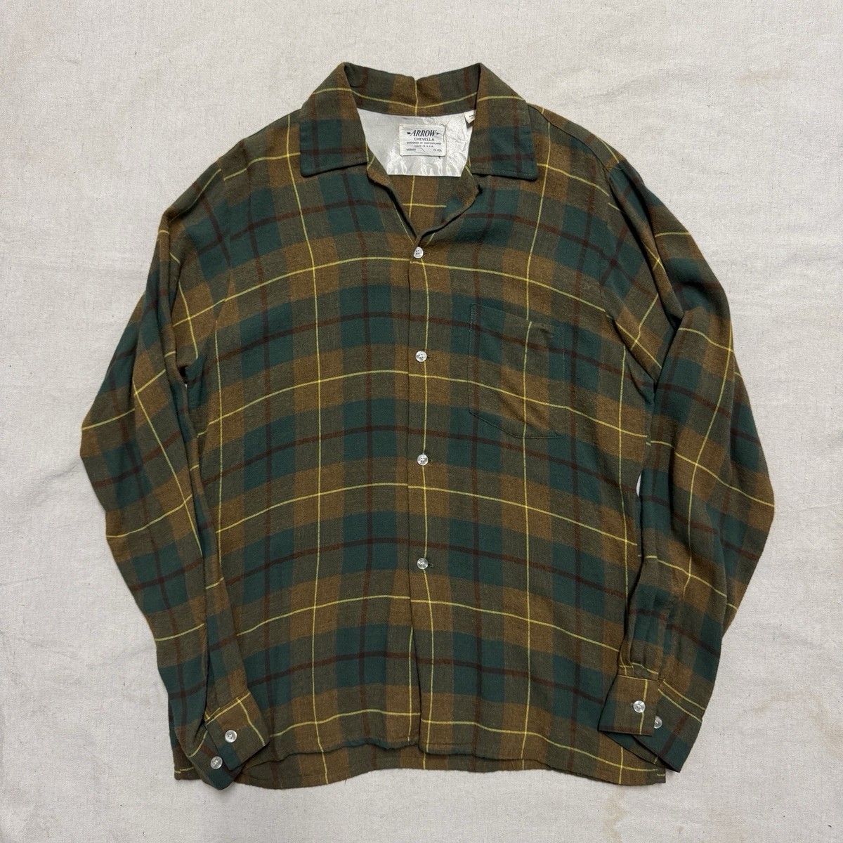 Vintage 60s Arrow Chevella Rayon Button Shirt Medium Shadow Plaid