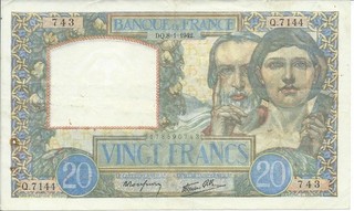 RARE BILLET 20 FRANCS SCIENCE ET TRAVAIL DERNIERE DATE 8 JANVIER 1942