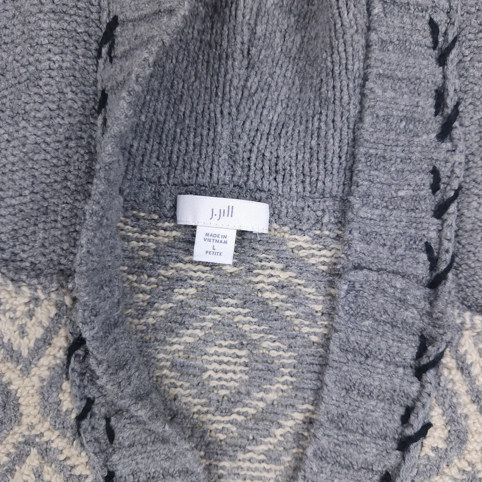 J Jill Sweater Womens Large Petite Gray White Hooded Button Cardigan Fair Isle - Image 4 of 4