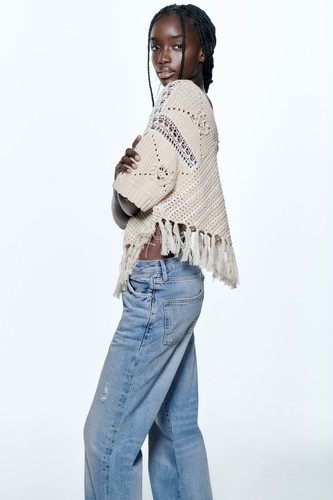 ZARA BEIGE ECRU FRINGED KNIT PONCHO SIZE M - Picture 5 of 16