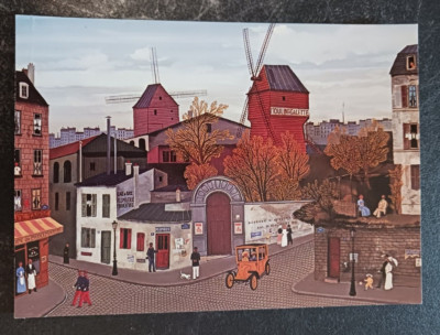 vtg postcard art Michel Delacroix Moulin de la Galette Printemps naive painting