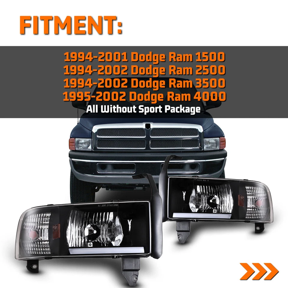 Headlights for 94-01 Dodge Ram 1500 2500 3500 LED DRL Front Lamps Black Clear - Image 4 of 4
