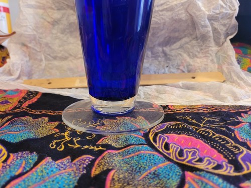 Beautiful Cobalt Blue With Clear Bottom Fluted Art Glass Vase With Ruffled Edge - Picture 2 of 15