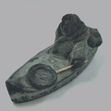 Vintage A Wolf Original Sculpture Hunter in Kayak Made in Canada Home Decoration