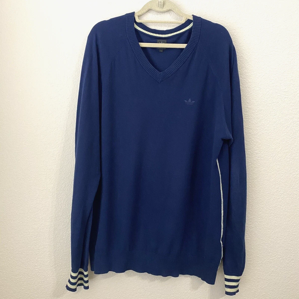 Adidas Mens Sweater Size XL Cotton Cashmere Pullover Blue Vneck