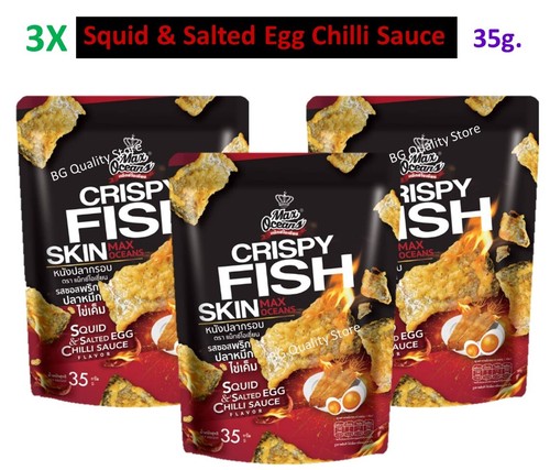 3X35g Max Oceans Crispy Fried Fish Skin Snack Squid & Salted Egg Chilli Sauce - Picture 9 of 9